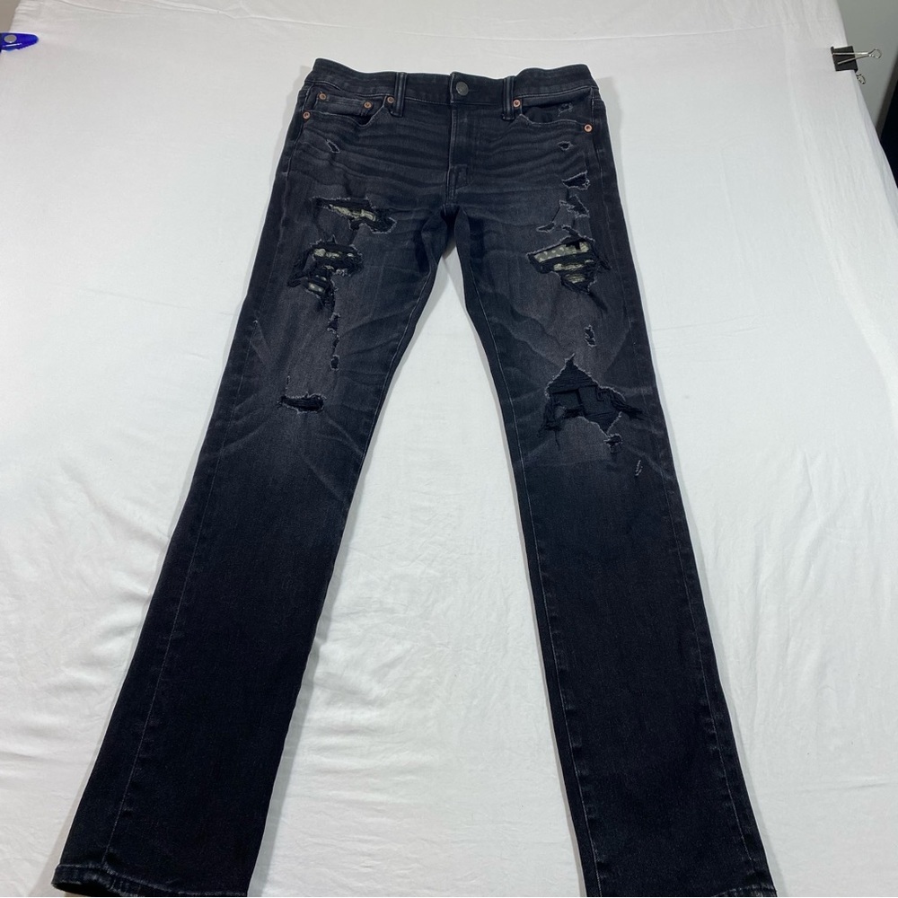 American Eagle Airflex 360 Jeans Black Distressed Straight Jeans 32/34 H…